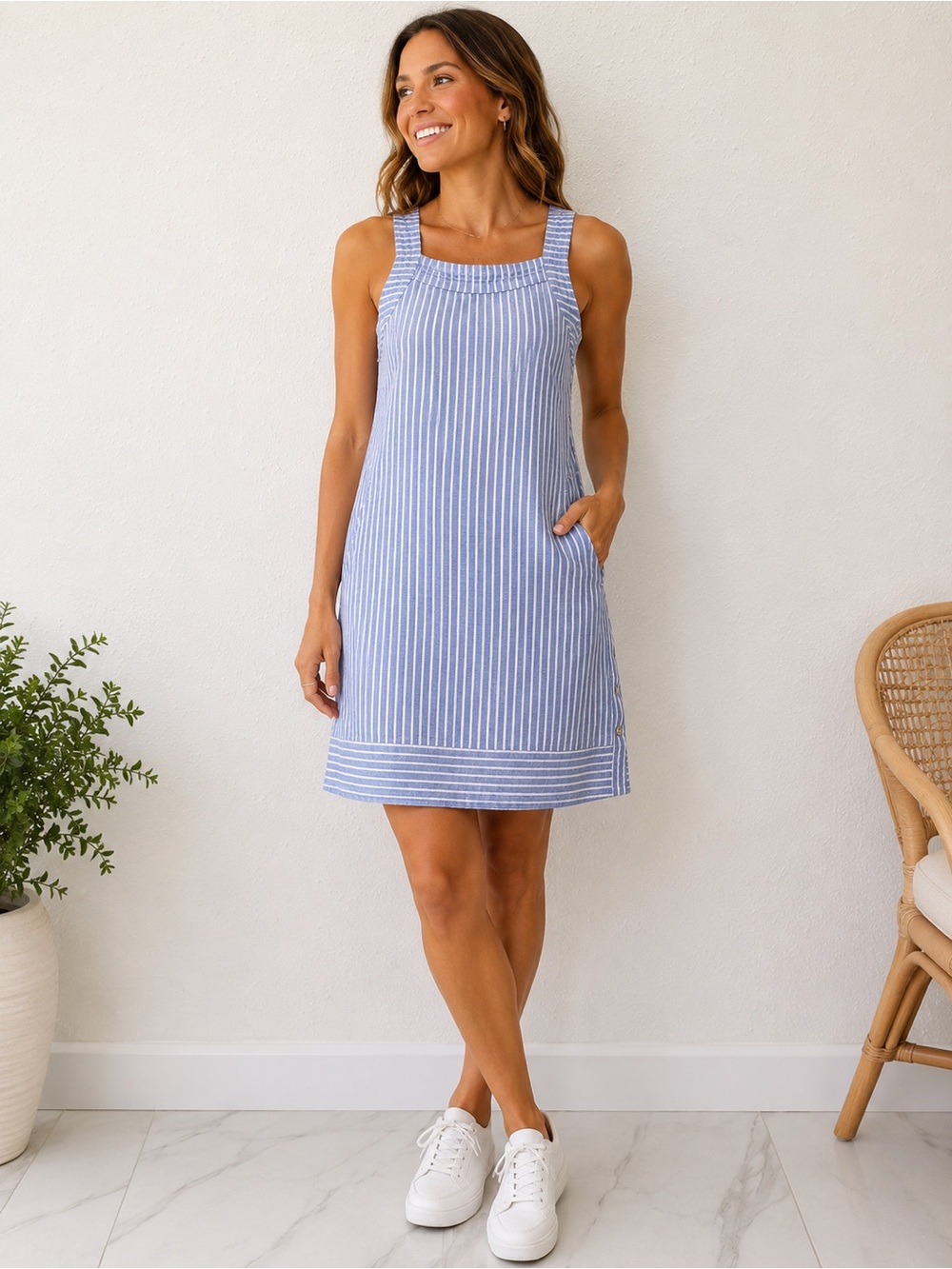 Linen &viscose blend Striped Square-Neck Mini Dress in Blue M